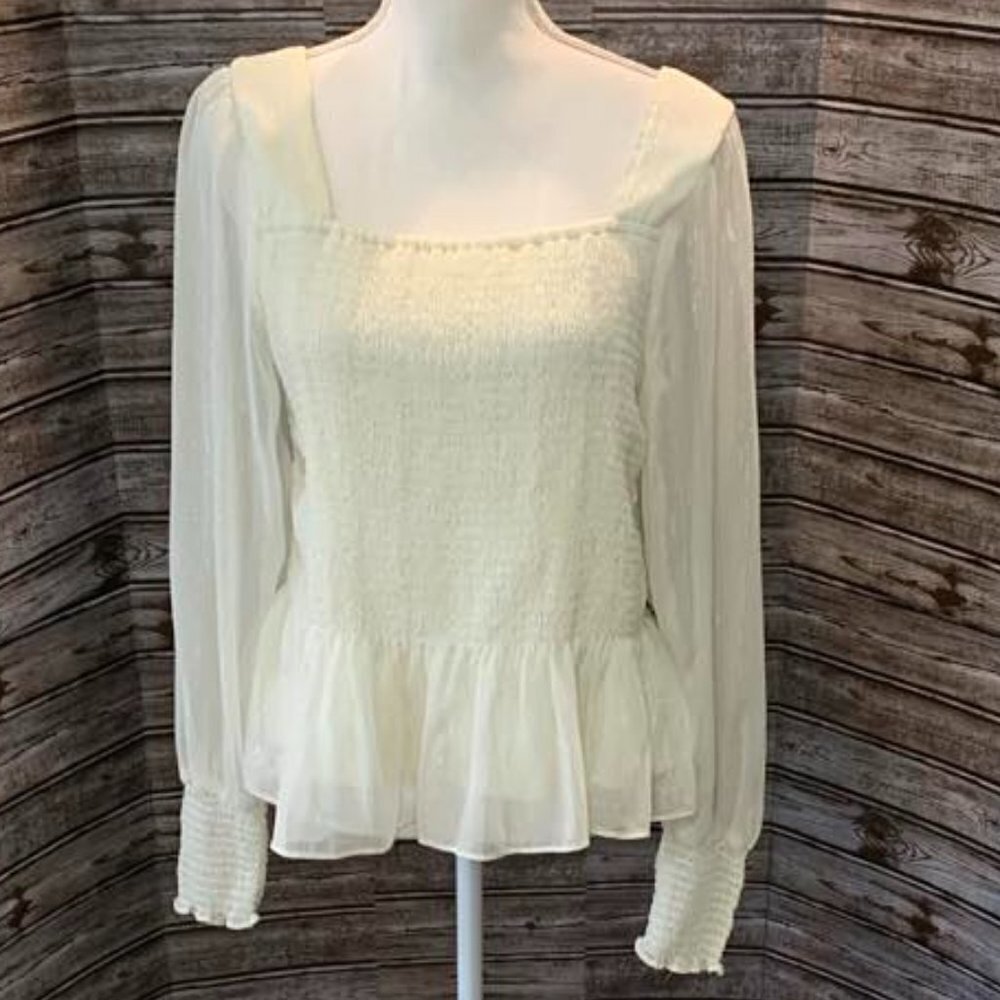 NINE WEST-IVORY/SILVER STRIPE-SQUARE NECK-CHIFFON-LINED BLOUSE - Picture 2 of 5